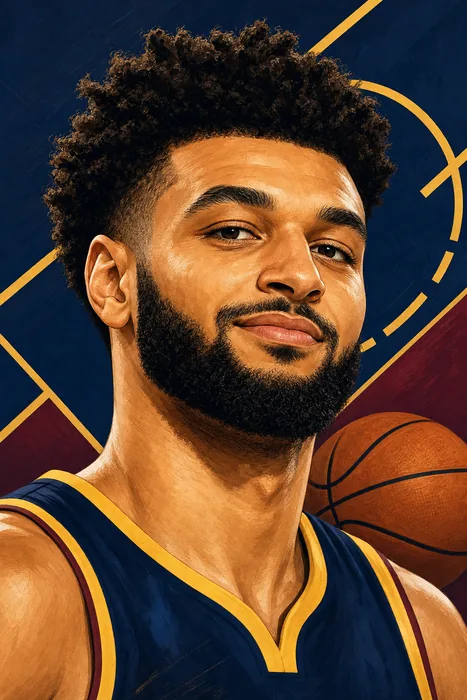 Illustrated head-and-shoulders portrait of Jamal Murray in Denver basketball colors, with a subtle basketball cue.
