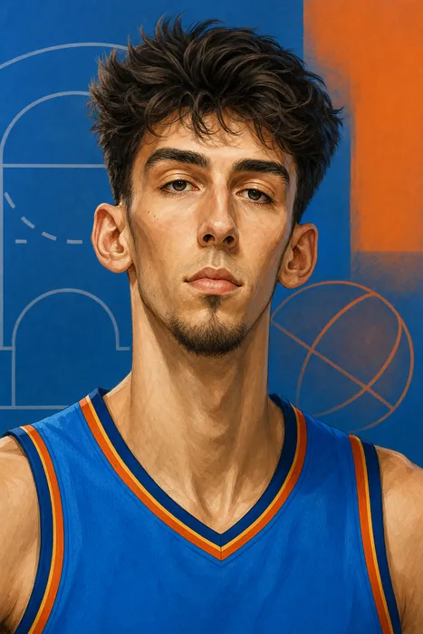 Illustrated head-and-shoulders caricature of basketball player Chet Holmgren in an Oklahoma City Thunder uniform, with a basketball-themed background.