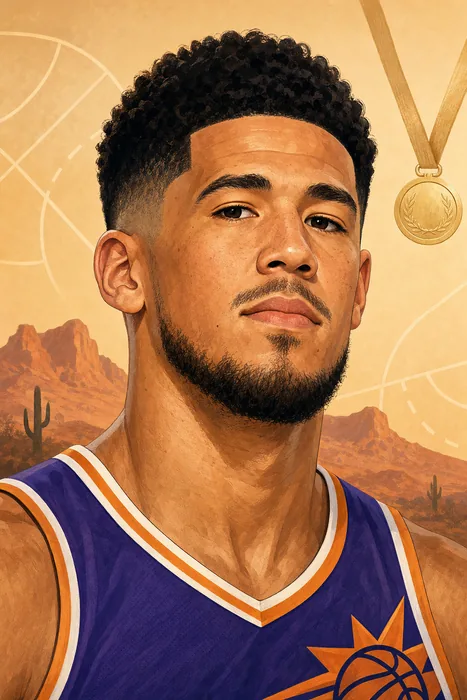 Illustrated head-and-shoulders portrait of Devin Booker with subtle basketball-themed background cues.