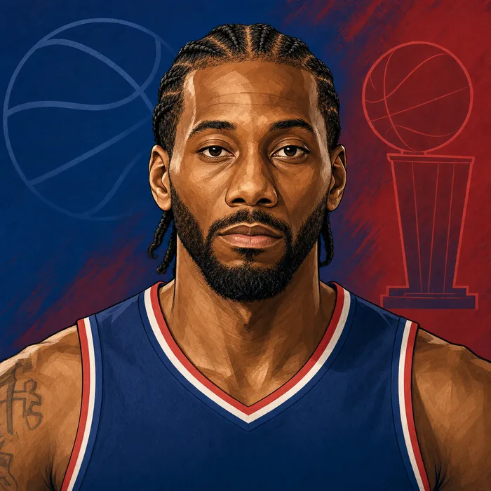 Illustrated head-and-shoulders portrait of basketball player Kawhi Leonard with subtle basketball imagery.