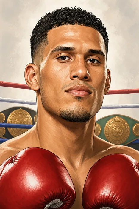 Editorial illustrated head-and-shoulders portrait of boxer David Benavidez wearing boxing gloves, with subtle championship-belt and ring-rope cues.
