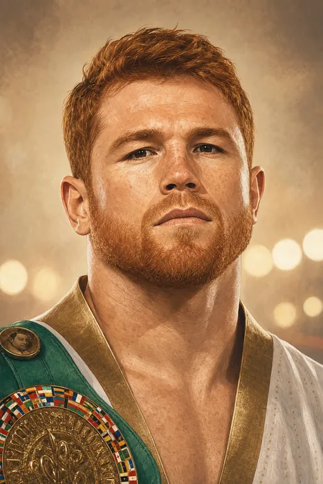 Illustrated head-and-shoulders caricature of Canelo Álvarez in boxing attire, with subtle championship-belt and ring-light cues.