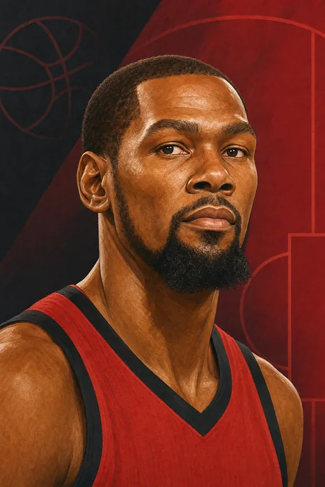 Illustrated head-and-shoulders portrait of Kevin Durant with subtle basketball cues.