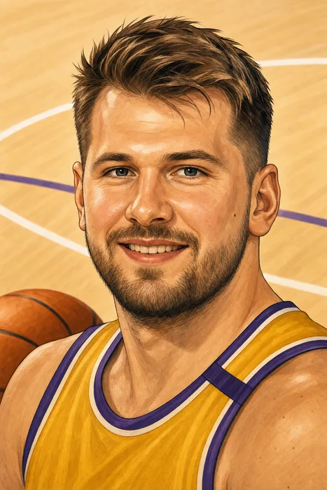 Illustrated head-and-shoulders portrait of basketball player Luka Dončić in a Los Angeles Lakers uniform, with a subtle basketball backdrop.