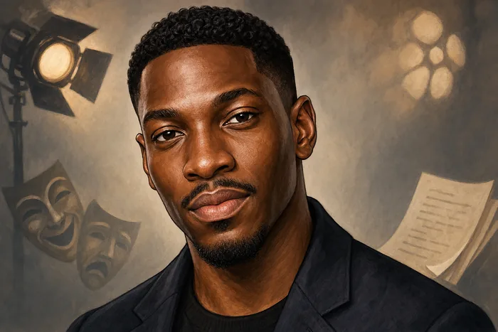 Illustrated head-and-shoulders portrait of actor Tosin Cole, with understated screen and theatre cues in the background.