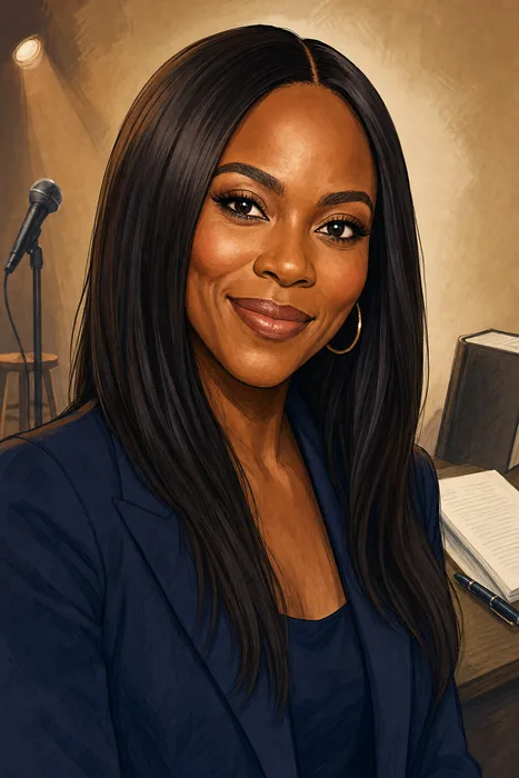 Illustrated head-and-shoulders portrait of Yvonne Anuli Orji with understated comedy and television cues.