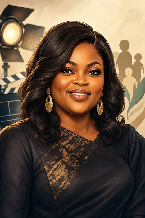 Illustrated head-and-shoulders portrait of Funke Akindele with subtle film-production and public-advocacy cues.