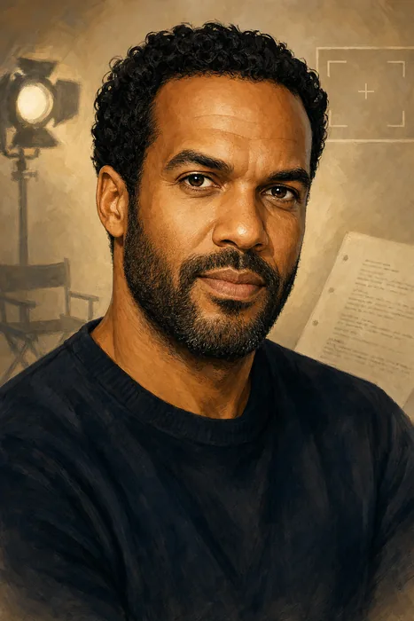 Illustrated head-and-shoulders portrait of O-T Fagbenle with subtle film and television production cues.
