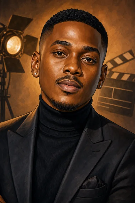 Illustrated head-and-shoulders portrait of Timini Egbuson with subtle Nigerian film and television production cues.