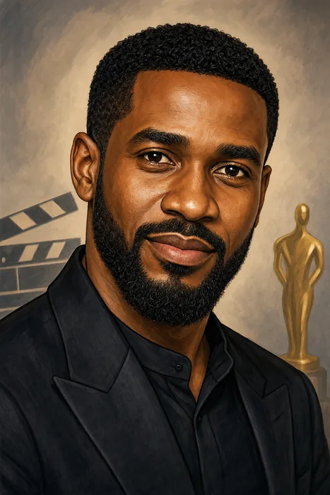 Illustrated head-and-shoulders portrait of Nigerian actor Uzor Arukwe, with subtle film and awards cues.