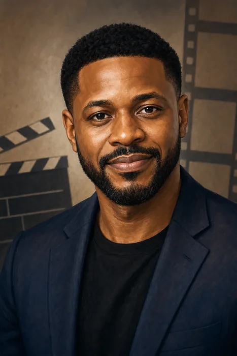 Illustrated head-and-shoulders portrait of Daniel Etim Effiong with subtle filmmaking imagery.
