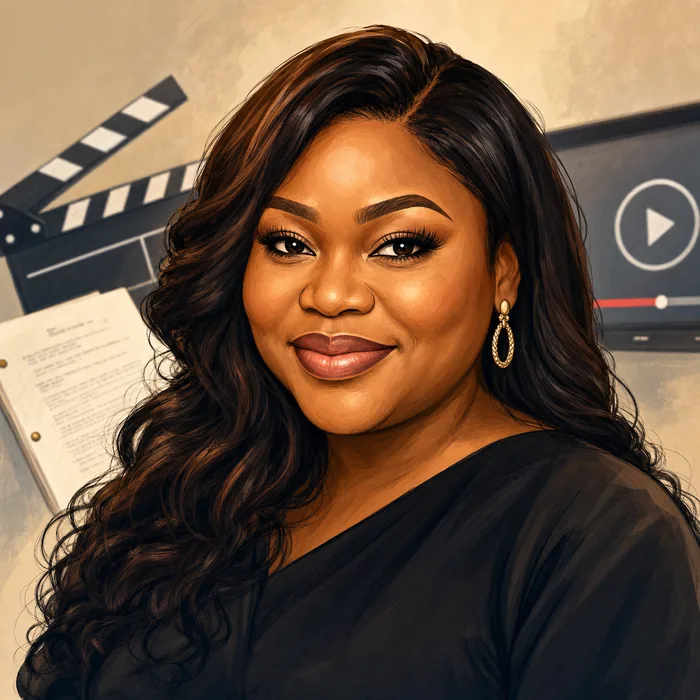 Illustrated head-and-shoulders portrait of Ruth Kadiri with subtle filmmaking and digital-video cues.