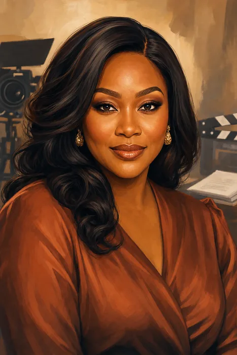 Illustrated head-and-shoulders portrait of Uche Montana with subtle film and television production cues.