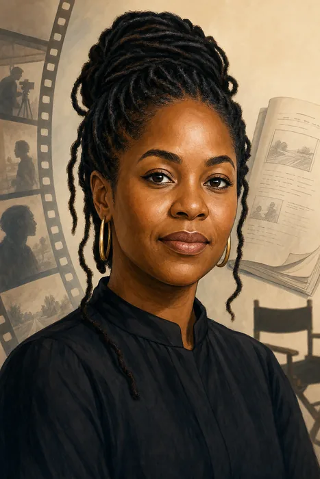 Illustrated head-and-shoulders portrait of filmmaker Chinonye Chukwu with subtle filmmaking cues.