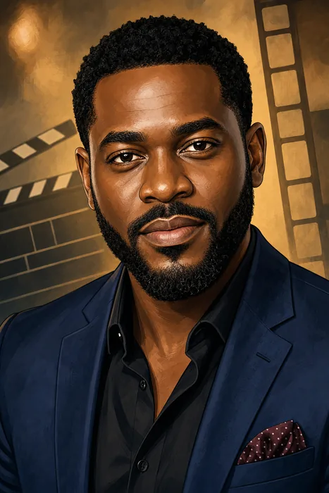 Illustrated head-and-shoulders portrait of Nigerian actor and producer Deyemi Okanlawon, with subtle film-production cues.