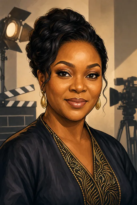 Illustrated head-and-shoulders portrait of Chioma Chukwuka with subtle Nollywood film and television cues.