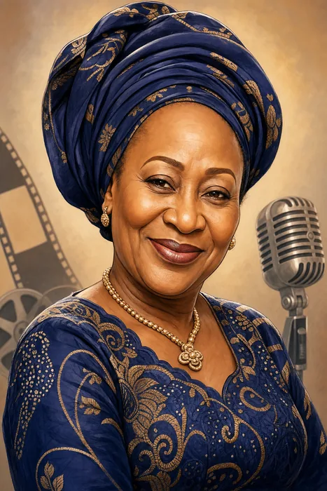 Illustrated head-and-shoulders portrait of Patience Ozokwo with subtle film and broadcasting cues.