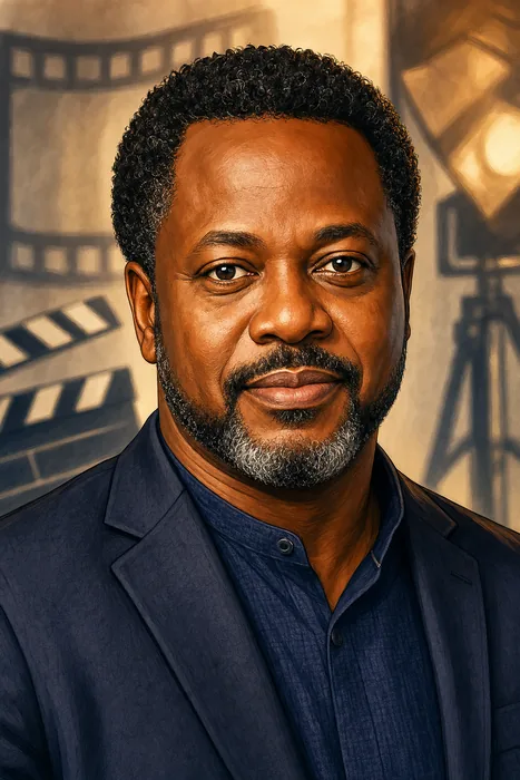 Illustrated head-and-shoulders portrait of Kayode Kasum with subtle filmmaking cues.