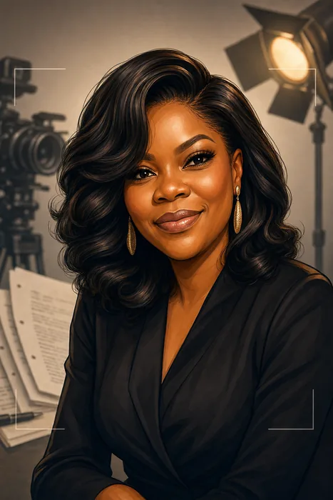 Illustrated head-and-shoulders portrait of Kemi Adetiba with subtle filmmaking cues in the background.