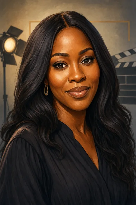 Illustrated head-and-shoulders portrait of Jade Osiberu with subtle film-production cues.