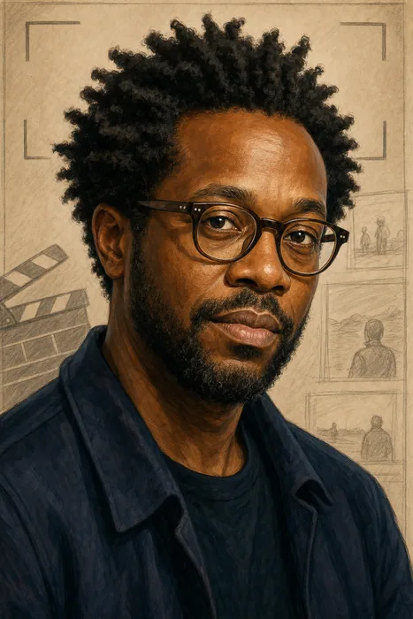 Illustrated head-and-shoulders portrait of filmmaker Akinola Davies Jr with subtle film-production cues.