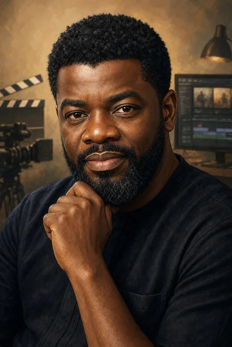 Illustrated head-and-shoulders portrait of Niyi Akinmolayan with subtle filmmaking cues in the background.