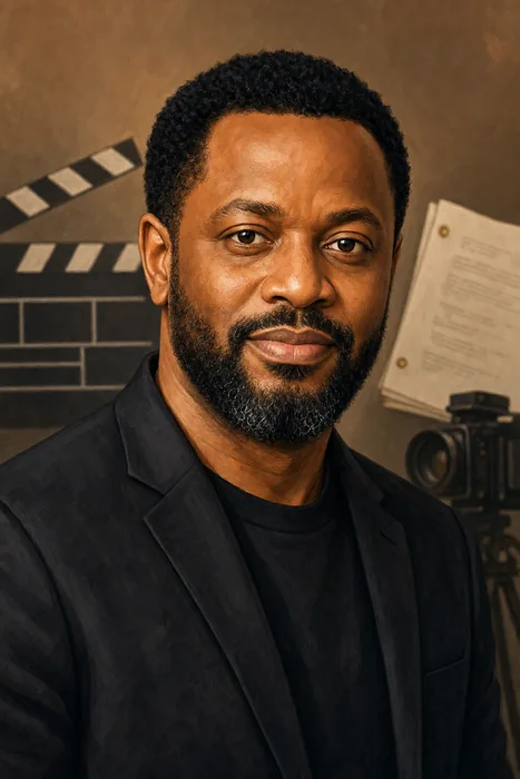 Editorial-style illustrated head-and-shoulders portrait of Nigerian filmmaker Editi Effiong, with subtle filmmaking cues.
