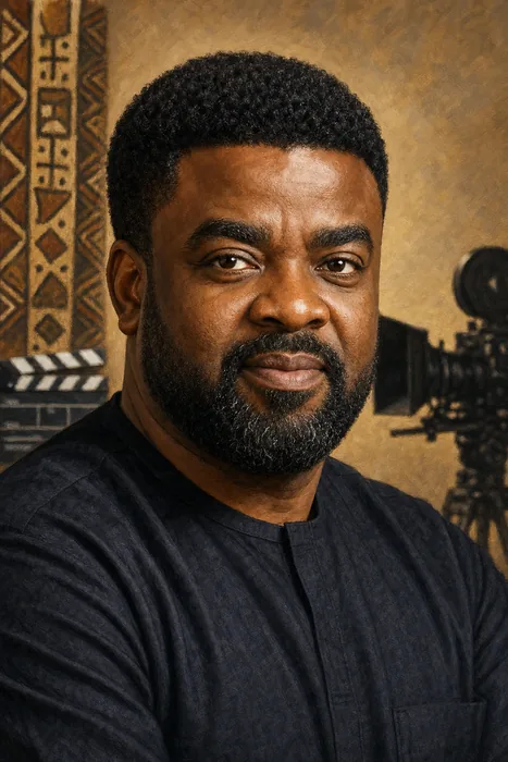 Illustrated head-and-shoulders portrait of Kunle Afolayan with subtle filmmaking cues.