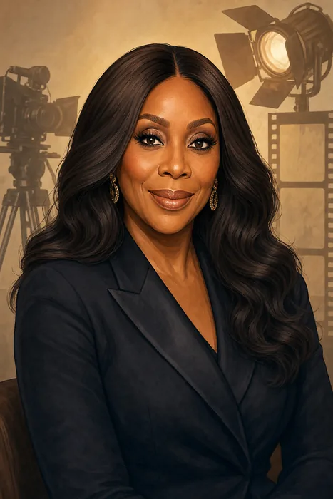 Illustrated head-and-shoulders portrait of Mo Abudu with understated film and television production cues.