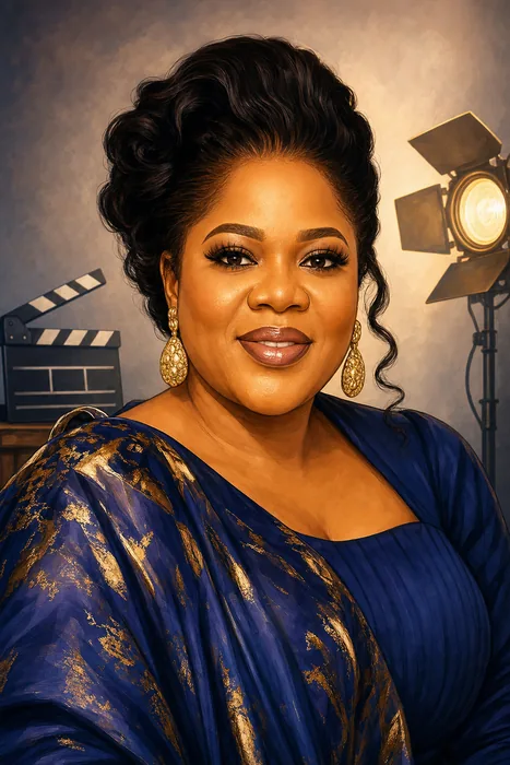 Illustrated head-and-shoulders portrait of Nigerian actor, filmmaker and producer Toyin Abraham Ajeyemi, with subtle Nollywood production cues.