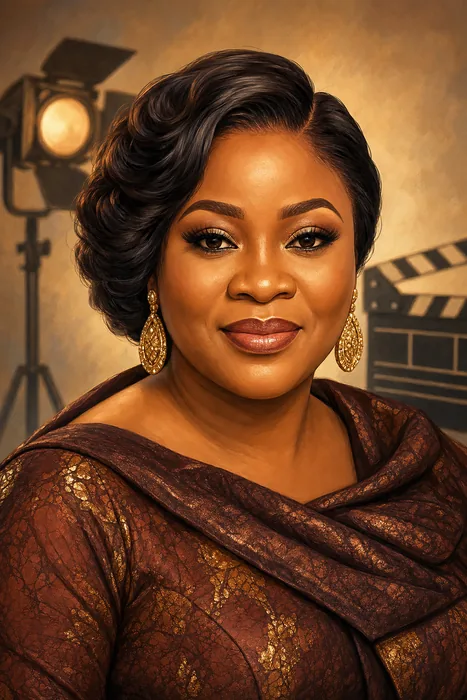 Illustrated head-and-shoulders portrait of Wumi Toriola with subtle film-production cues.