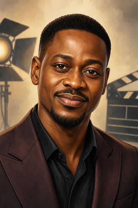 Illustrated head-and-shoulders portrait of Lateef Adedimeji with understated film-production cues.