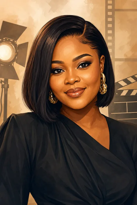 Illustrated head-and-shoulders portrait of Bimbo Ademoye with subtle film and production cues.