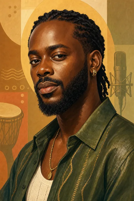 Illustrated head-and-shoulders portrait of Nigerian singer and songwriter Adekunle Gold, with subtle music and graphic-design cues.
