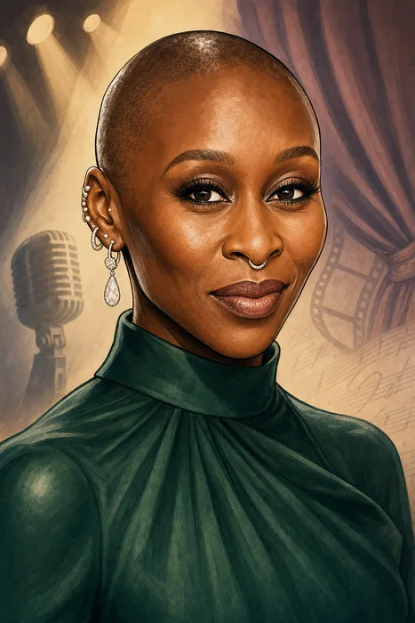 Illustrated head-and-shoulders portrait of Cynthia Erivo with subtle theatre, film and music cues.