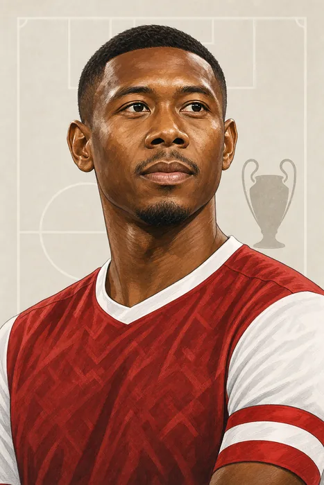 Illustrated head-and-shoulders portrait of David Alaba in an Austria football shirt, with a subtle football-pitch background.