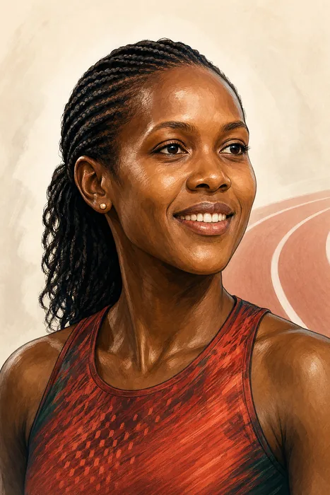 Illustrated head-and-shoulders portrait of Faith Kipyegon with a subtle running-track background.