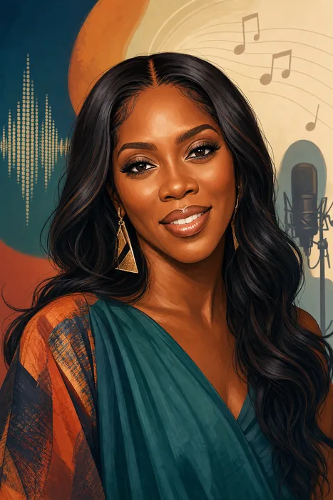 Illustrated head-and-shoulders portrait of Tiwa Savage with subtle music-themed background details.