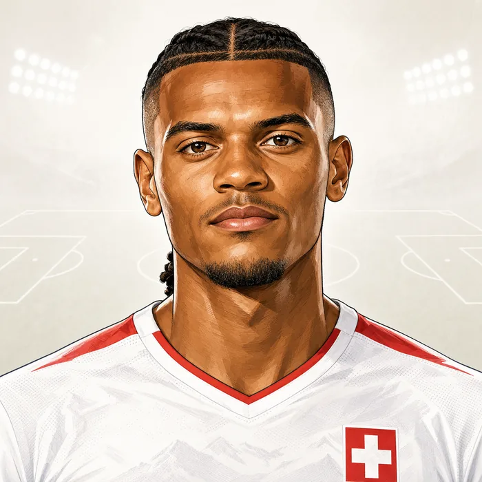 Illustrated head-and-shoulders portrait of Manuel Akanji in a Switzerland football shirt, with a subtle football-stadium background.