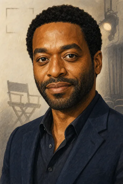 Illustrated head-and-shoulders portrait of Chiwetel Ejiofor with subtle theatre and filmmaking cues.