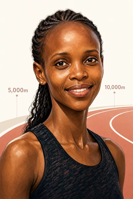Editorial illustrated head-and-shoulders portrait of Kenyan long-distance runner Beatrice Chebet, with subtle track-racing cues.