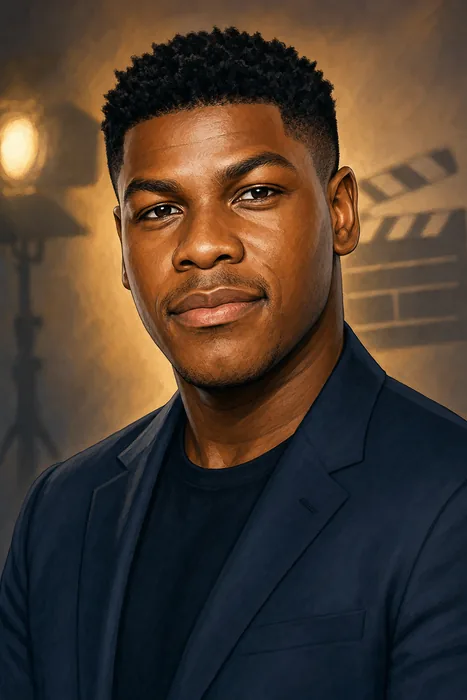 Illustrated head-and-shoulders portrait of John Boyega with understated film and production cues.