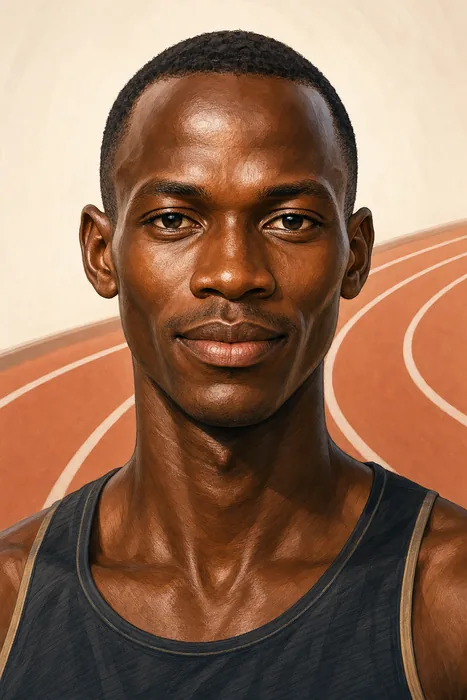 Illustrated head-and-shoulders portrait of Kenyan 800 metres runner Emmanuel Wanyonyi, with subtle track-and-field cues.
