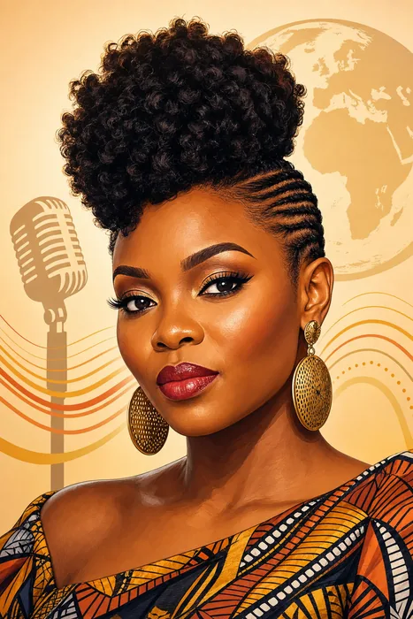 Illustrated head-and-shoulders portrait of Yemi Alade with subtle music and development-advocacy visual cues.