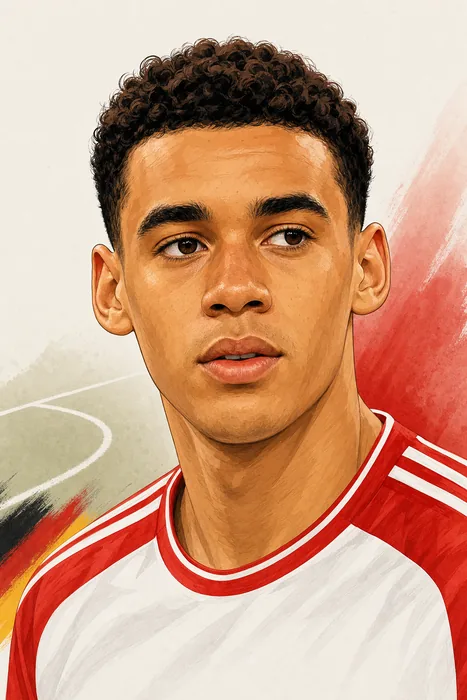 Illustrated head-and-shoulders portrait of footballer Jamal Musiala with subtle football-themed background cues.