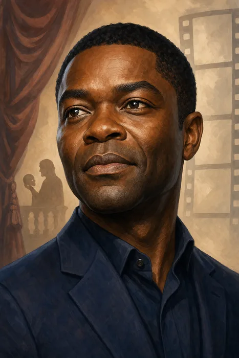 Illustrated head-and-shoulders portrait of David Oyelowo with understated theatre and filmmaking cues.