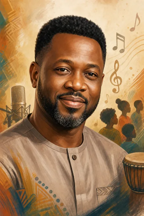 Illustrated head-and-shoulders portrait of Gaise Baba with subtle music-themed details.