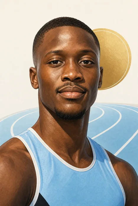Illustrated head-and-shoulders portrait of Botswana sprinter Letsile Tebogo with subtle track-and-field cues.