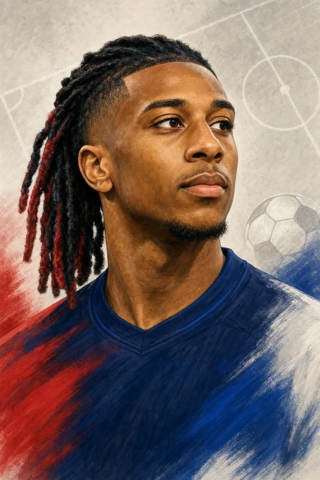 Illustrated head-and-shoulders portrait of footballer Michael Olise in a restrained editorial style, with subtle football cues.