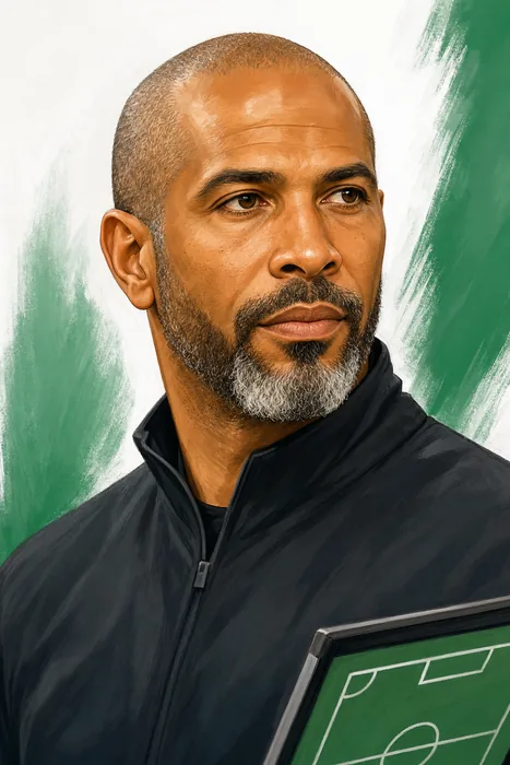 Illustrated head-and-shoulders portrait of Éric Sékou Chelle with subtle football coaching cues.